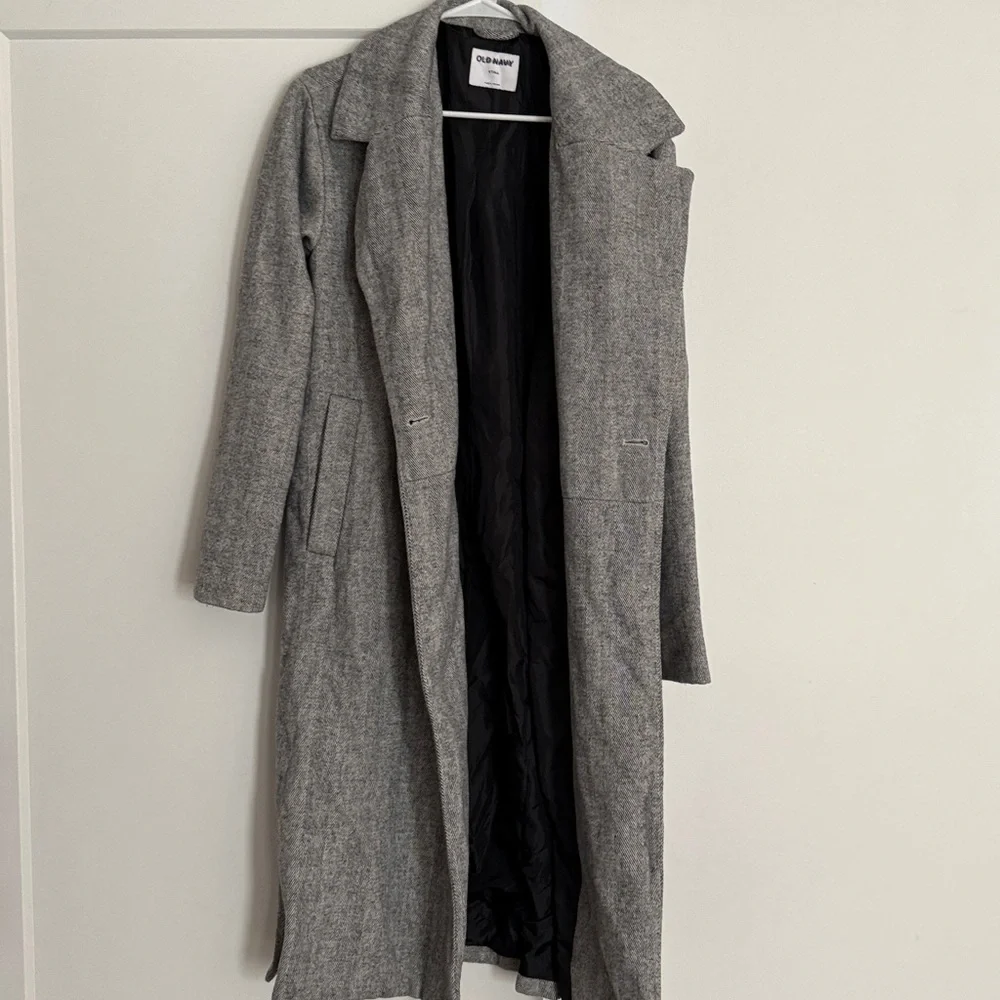 Old Navy long slouchy double-breasted coat Jacket small tall grey Houndstooth - Picture 13 of 14